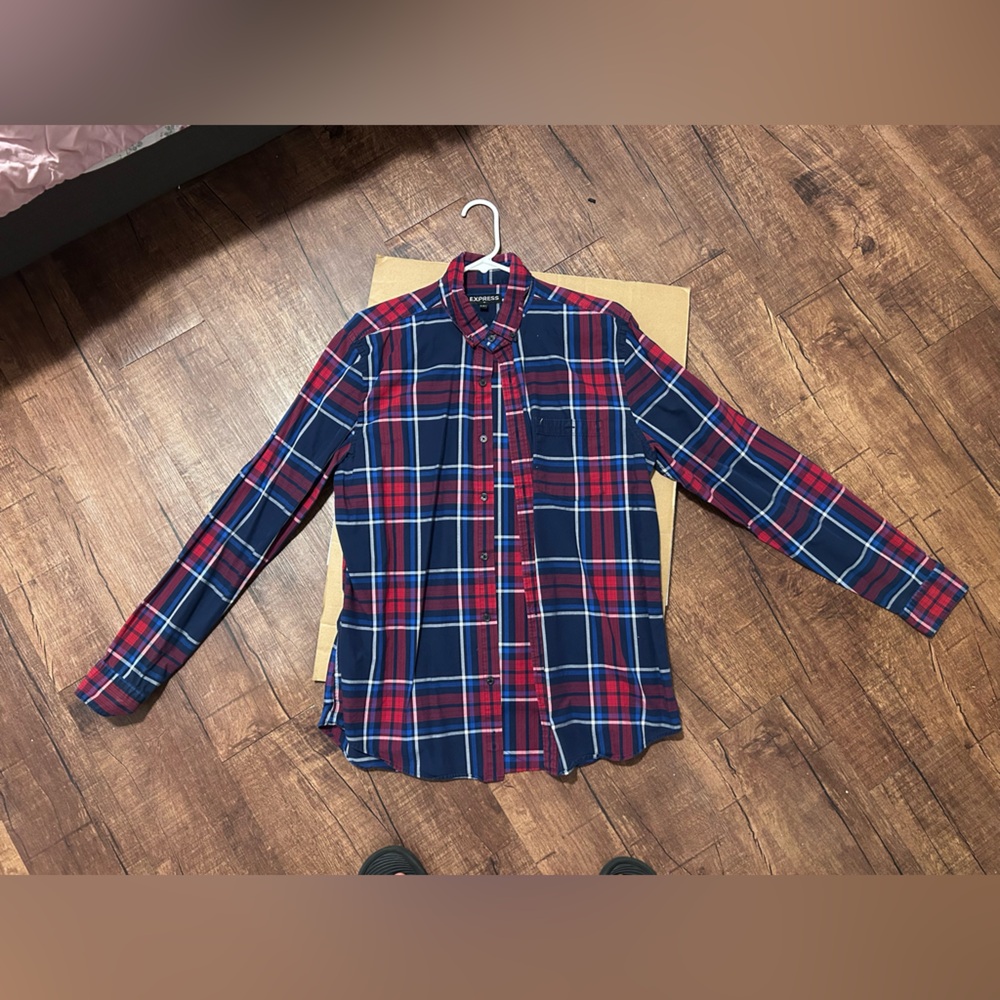 Express Navy and Red Plaid Shirt